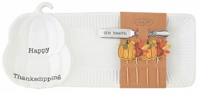 6" x 15" White Ceramic Pumpkin Serving Tray With a Spreader by Mud Pie