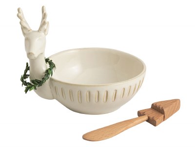 5" Round Distressed White Reindeer Bowl With a Spreader by Mud Pie