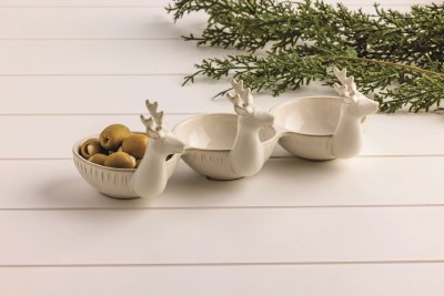 5" x 11" Distressed White Three Compartment Ceramic Reindeer Dish by Mud Pie