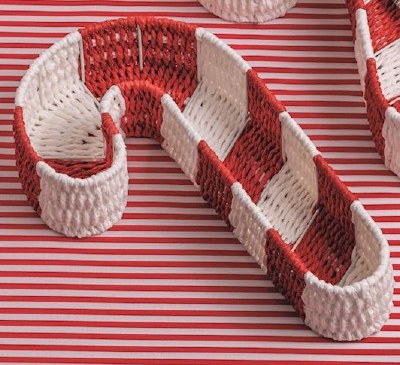 12" x 8" Red and White Candy Cane Shape Basket by Mud Pie