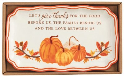 6" x 10" "Let's Give Thanks For The Food Before Us" Pumpkins Ceramic Platter by Mud Pie