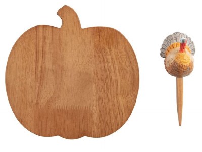 7" Wood Pumpkin Serving Board With a Turkey Spreader by Mud Pie