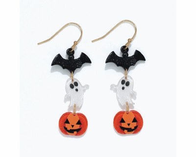Gold Toned Bat, Ghost, and Jack-O-Lantern Dangle Halloween Earrings