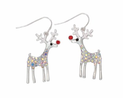 Silver Toned Bling Reindeer Christmas Earrings