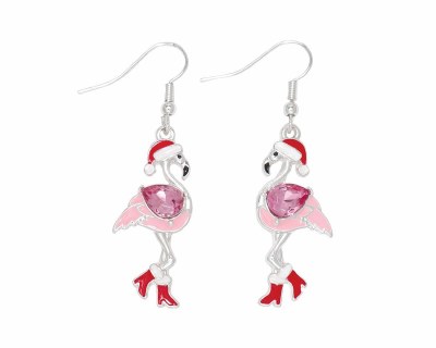 Silver Toned Flamingos Wearing Red Booties Christmas Earrings