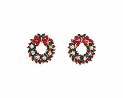 Gold Toned Red and Green Christmas Wreath Earrings