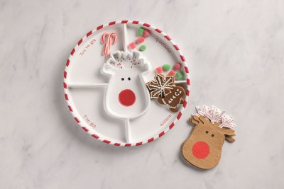 12" Round Five Compartment White Ceramic Reindeer Tray With Beverage Napkins by Mud Pie