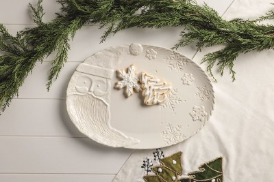 12" x 17" Distressed White Oval Ceramic Santa Platter by Mud Pie