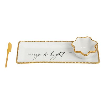 5" x 13" White and Gold Ceramic Dip Tray With a Spreader by Mud Pie
