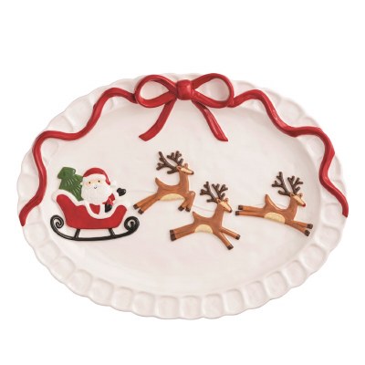 12" x 16" Oval Multicolor Ceramic Santa With His Sleigh Platter by Mud Pie