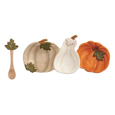 5" x 11" Multicolor Three Compartment Pumpkins Fall & Thanksgiving Dish With a Spoon by Mud Pie