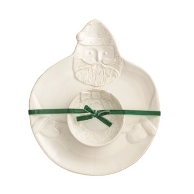 14" x 12" Distressed White Ceramic Santa Head Chip and Dip Dish by Mud Pie