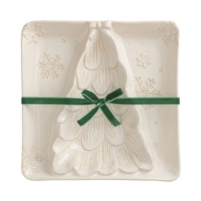 10" Sq Distressed White Three Compartment Christmas Tree Dish by Mud Pie