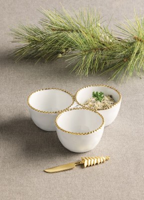 5" x 9" Triple White and Gold Ceramic Dip Bowl With a Spreader by Mud Pie