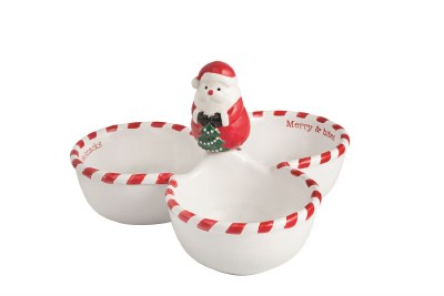 8" Triple White Ceramic Dip Bowl With a Santa Spreader by Mud Pie
