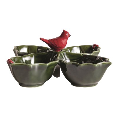 8" Four Compartment Ceramic Holly Dish With a Cardinal Spreader by Mud Pie