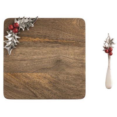 9" Sq Distressed Silver Metal Holly Accent on a Brown Wood Board by Mud Pie