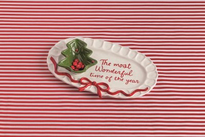7" x 11" Oval White "The Most Wonderful Time of the Year" Ceramic Tray With a Christmas Tree Dip Tidbit Dish by Mud Pie