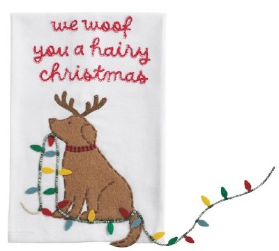 21" x 14" "We Woof You a Hairy Christmas" Dog With Christmas Lights Kitchen Towel by Mud Pie