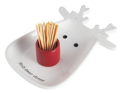 7" x 6" White Reindeer Plate With a Toothpick Holder by Mud Pie