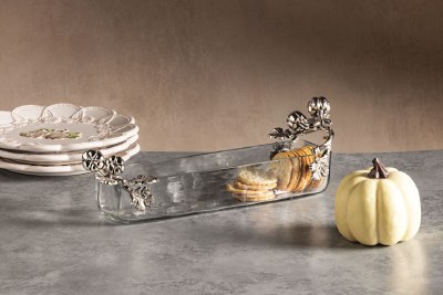 4" x 13" Distressed Silver Pumpkin Handles on a Glass Cracker Dish by Mud Pie