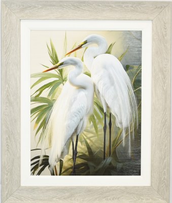 36" x 30" White Tide Egrets 2 Coastal Gel Textured Print in a Gray Wash Frame