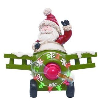 9" LED Santa in a Green Plane Figurine
