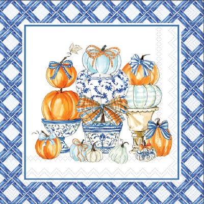 5" Square Dark Blue Pumpkin Topiary Grid Fall & Thanksgiving Beverage Napkins