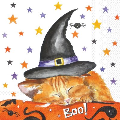 5" Square Cat Wearing a Witch Hat Halloween Beverage Napkins