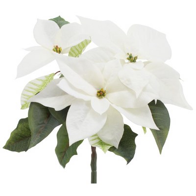 14" Faux Cream Three Poinsettia Head Bush