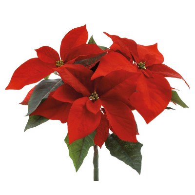 14" Faux Red Three Poinsettia Head Bush
