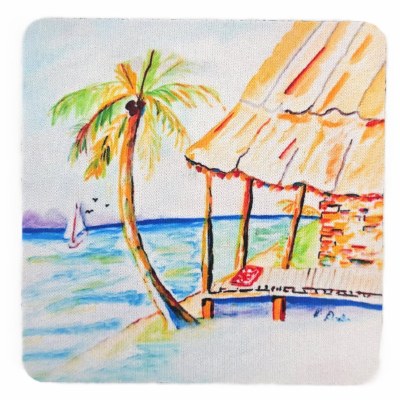 4" Sq Palms and Hut Tropical Coaster