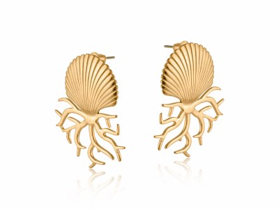 Gold Toned Stainless Steel Scallop Shell and Coral Earrings