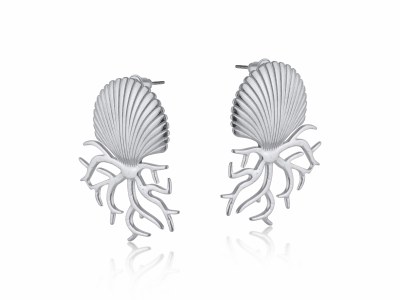 Silver Toned Stainless Steel Scallop Shell and Coral Earrings