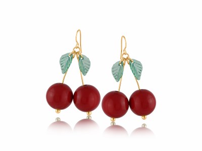 Gold Toned and Red Cherry Drop Earrings