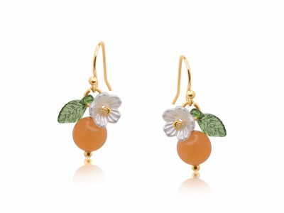 Gold Toned and Orange Tangerine With a White Flower Drop Earrings