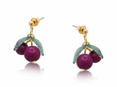 Gold Toned and Purple Cherry Drop Earrings
