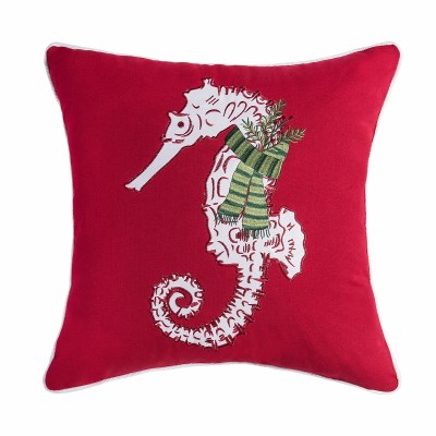 18" Sq White Seahorse on Red Coastal Decorative Pillow