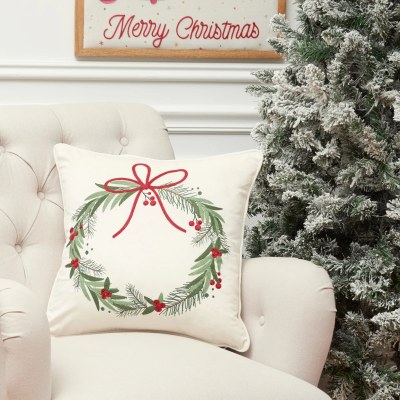 18" Sq Red and Green Wreath Decorative Christmas Pillow