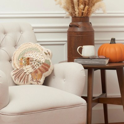 14" Sq Multicolor Turkey Shape Decorative Fall & Thanksgiving Pillow