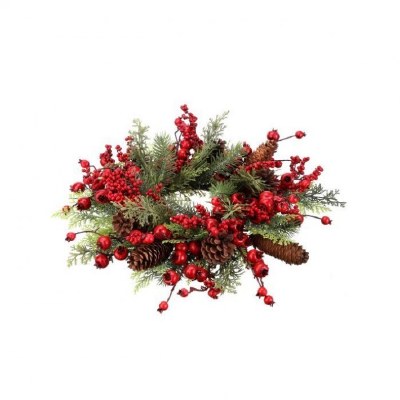 6.5" Opening Faux Red Berries and Pine Candle Ring