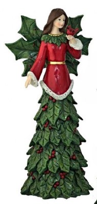 14" Green and Red Polyresin Holly Angel With One Hand Up Holding a Cardinal Figurine