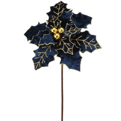 22" Faux Dark Blue and Gold Poinsettia Stem
