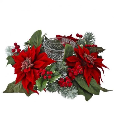 16" Faux Red Poinsettia and Glass Hurricane Centerpiece