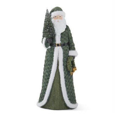 10" Green Polyresin Santa Holding a Tree Figurine