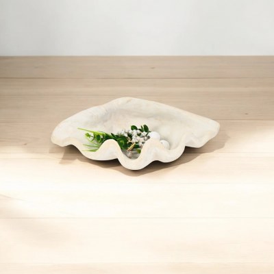 12" Distressed White Polyresin Faux Clam Shell Decorative Bowl