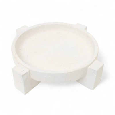 14" Round Distressed White Faux Stone Footed Decorative Bowl