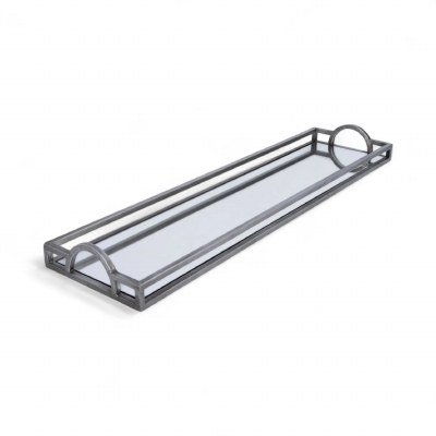 32" x 8" Distressed Silver Metal and Mirror Glass Decorative Tray