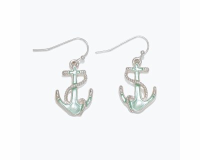 Silver Toned and Mint Enamel Anchor Earrings
