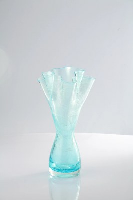 14" Light Blue and White Lines Glass Vase